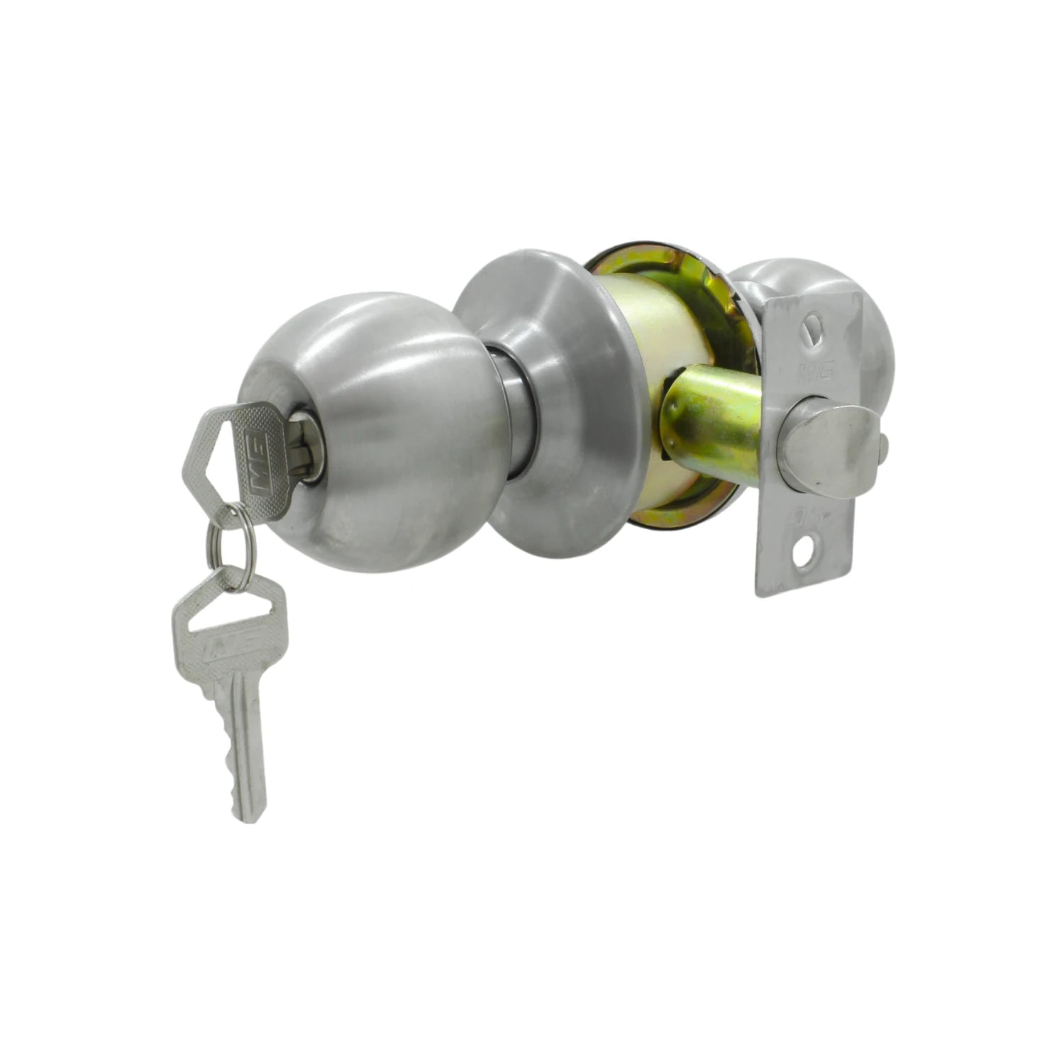 Pomo de puerta de esfera con cerradura y llave, acero inoxidable satinado, para recámara o pasillo.