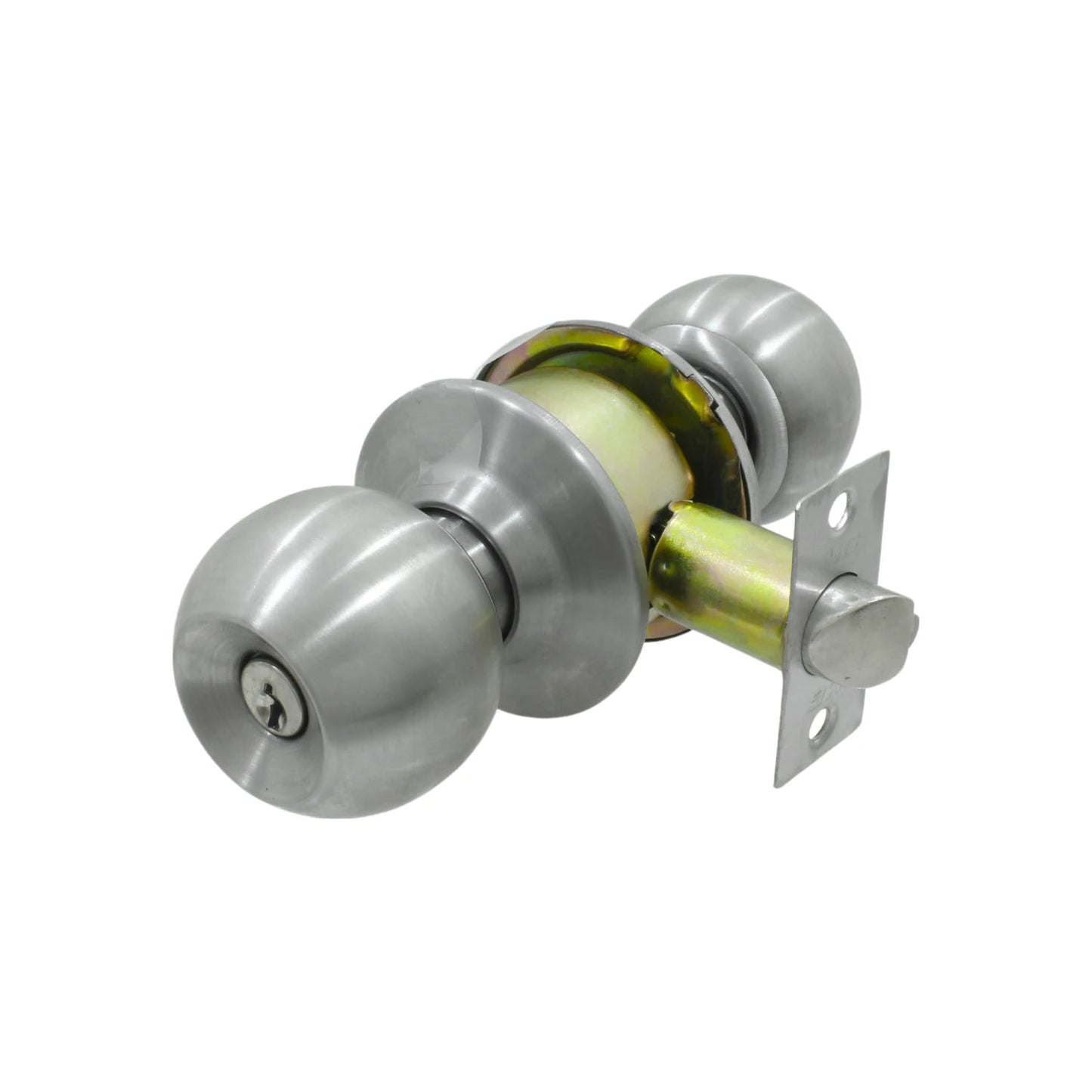 Cerradura de pomo esfera de acero inoxidable satinado para puerta, con llave y mecanismo de pestillo de latón.