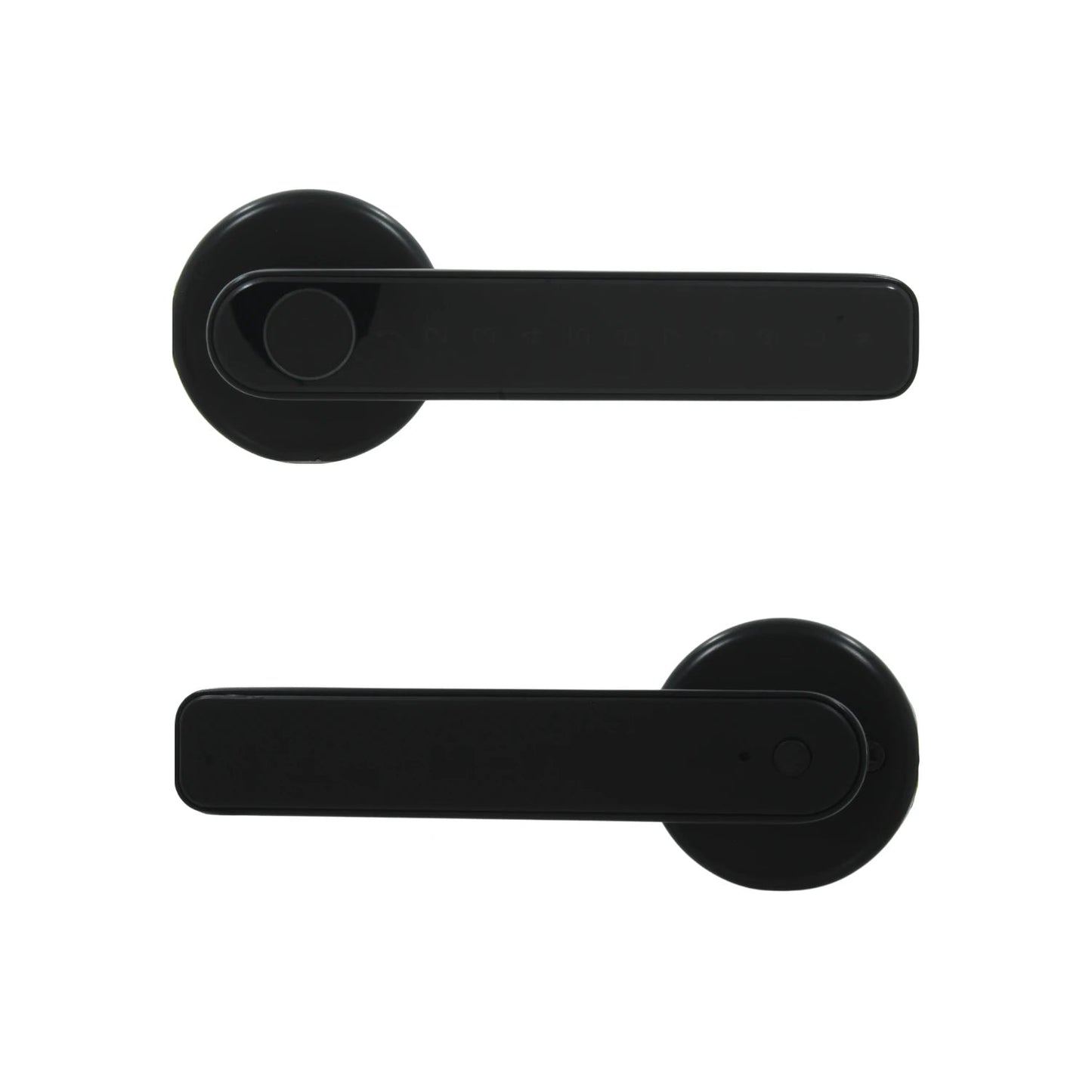 Par de manijas inteligentes negras para puerta principal, cerraduras electrónicas modernas y seguras.