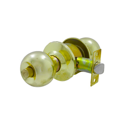 Pomo de puerta redondo para privacidad, acabado latón pulido brillante, mecanismo de pestillo para interiores.