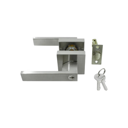 Manija de puerta de palanca INDAUX, set completo con cerradura y llaves, acero inoxidable satinado, diseño moderno