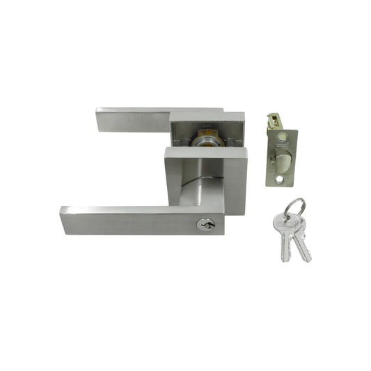 Manija de puerta de palanca INDAUX, set completo con cerradura y llaves, acero inoxidable satinado, diseño moderno