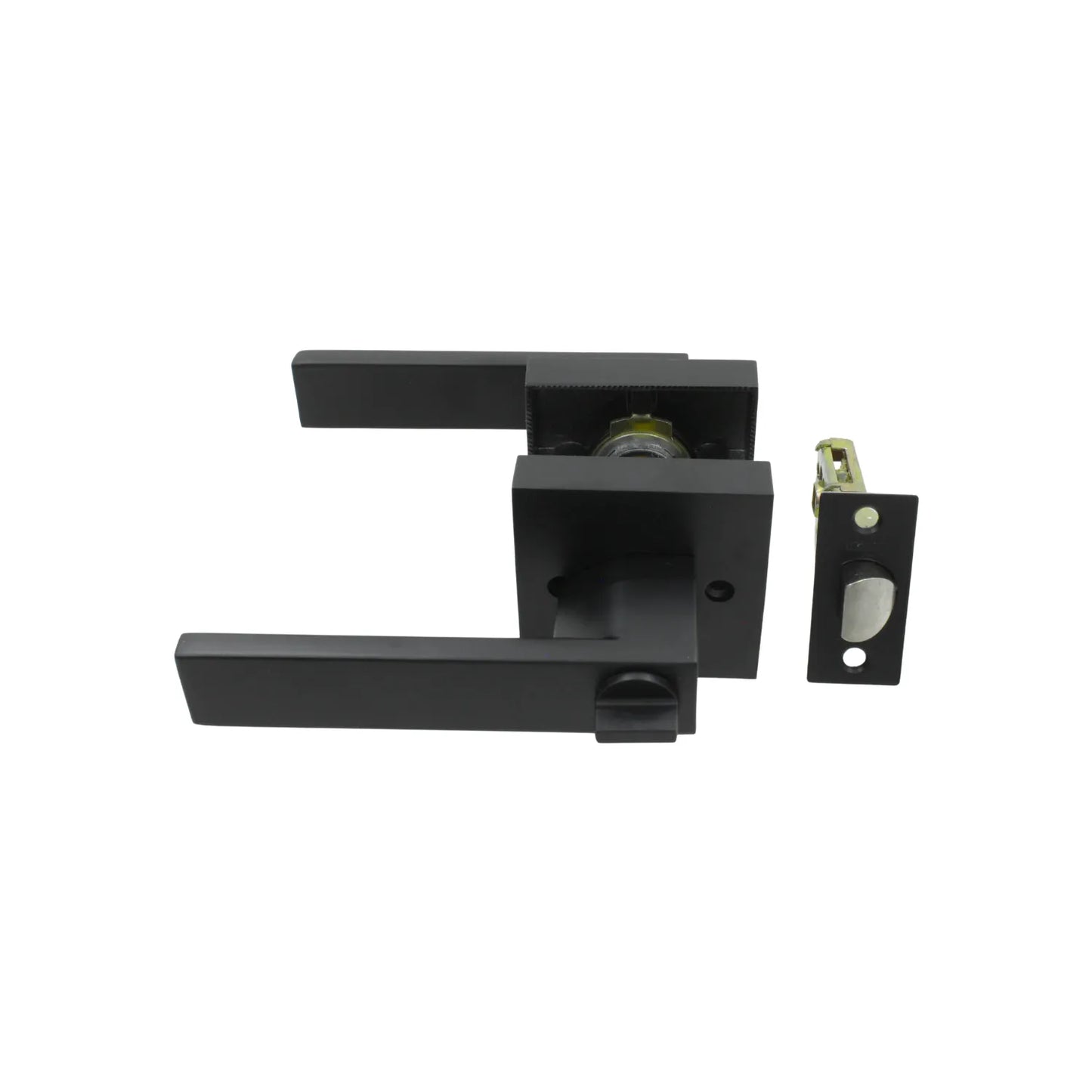 Manija de puerta de palanca moderna negra mate con base cuadrada y pestillo. Ferretería de diseño minimalista.