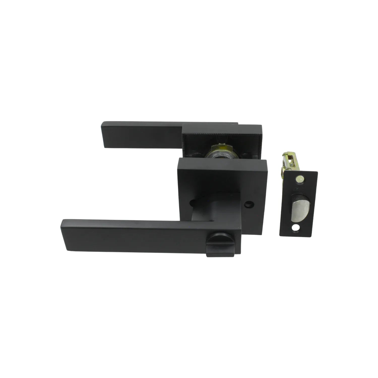 Manija de puerta de palanca moderna negra mate con base cuadrada y pestillo. Ferretería de diseño minimalista.