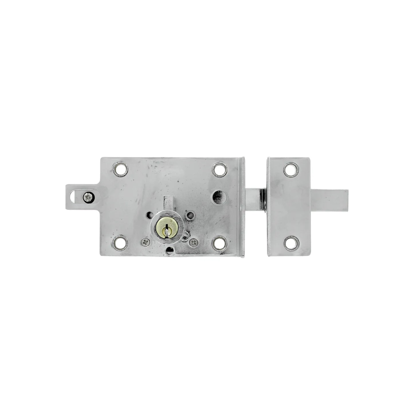 Cerradura de sobreponer horizontal metálica cromada con cilindro de seguridad y recibidor para puerta