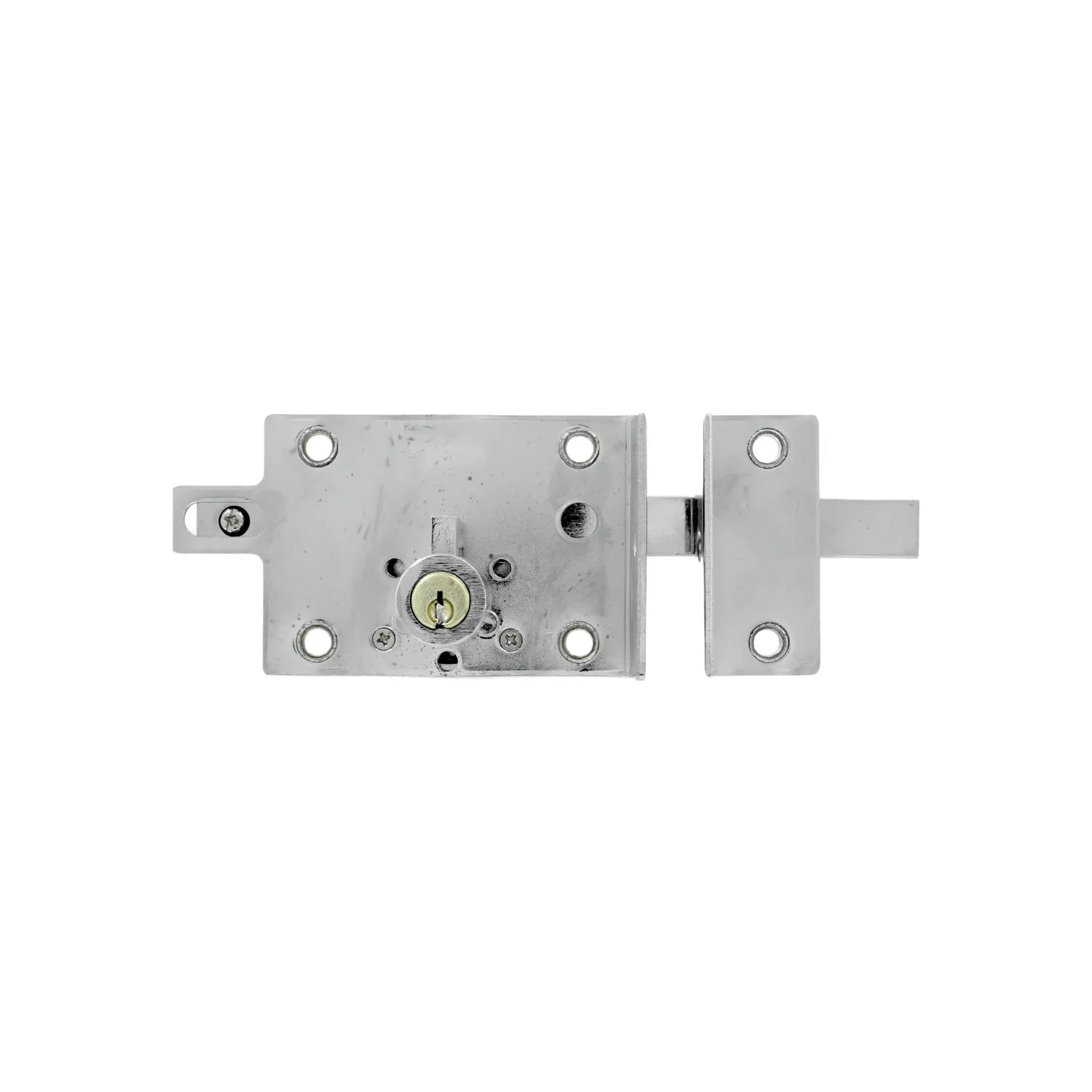 Cerradura de sobreponer horizontal metálica cromada con cilindro de seguridad y recibidor para puerta