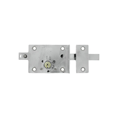 Cerradura de sobreponer horizontal metálica cromada con cilindro de seguridad y recibidor para puerta