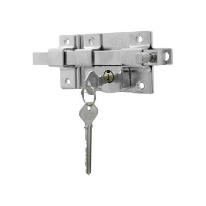 Pasador de seguridad MG cromado con cilindro integrado y dos llaves para puertas de madera o metal.