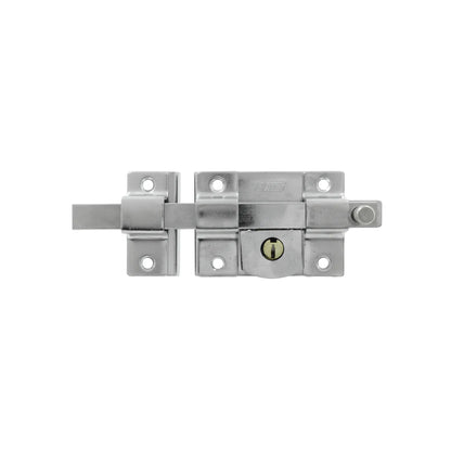 Cerrojo de seguridad marca MG con llave, acabado cromado y pasador deslizante para puertas y portones.
