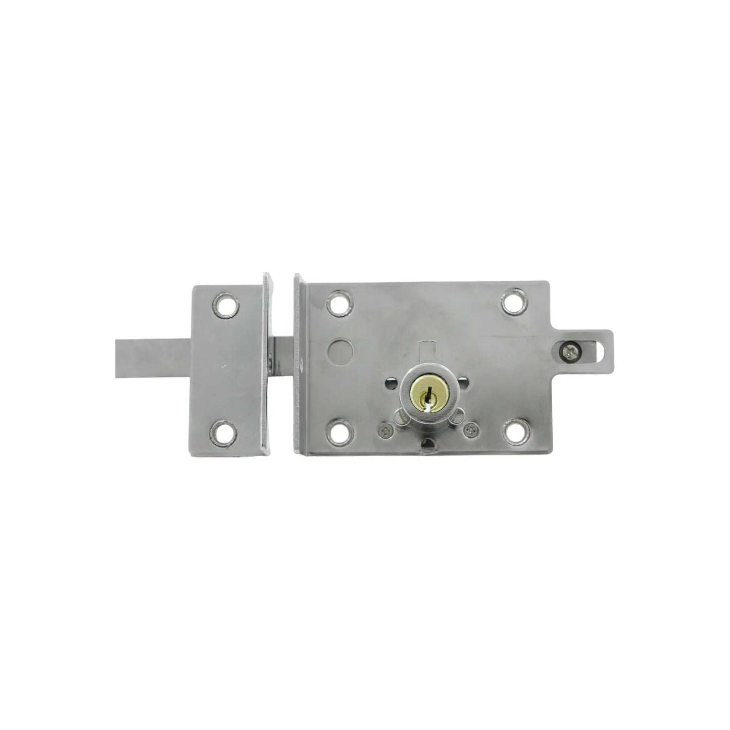 Cerradura de sobreponer plateada con cilindro de latón y pestillo horizontal para seguridad en puertas y muebles