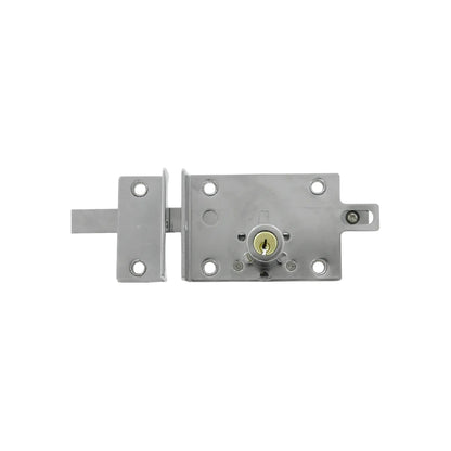 Cerradura de sobreponer plateada con cilindro de latón y pestillo horizontal para seguridad en puertas y muebles