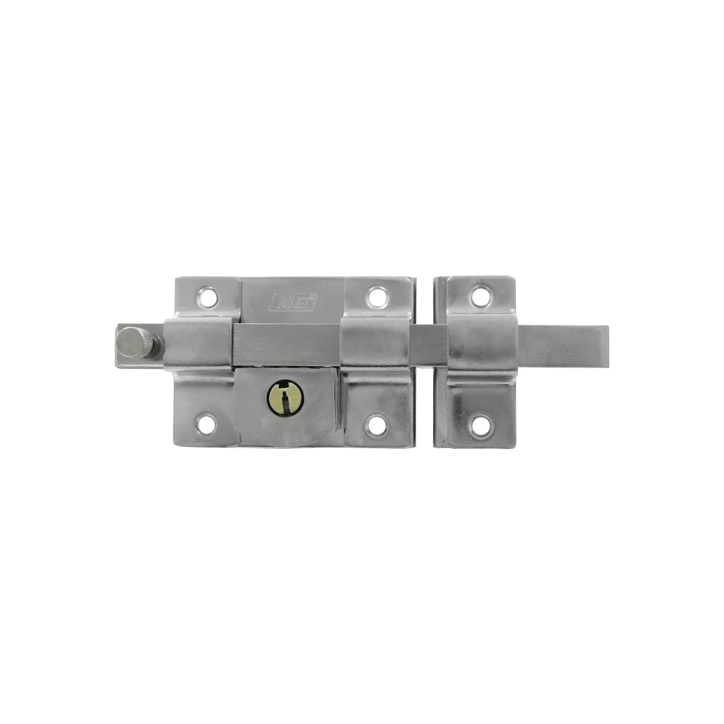 Pasador cerrojo de seguridad marca MG cromado con cilindro para llave para puertas y portones.