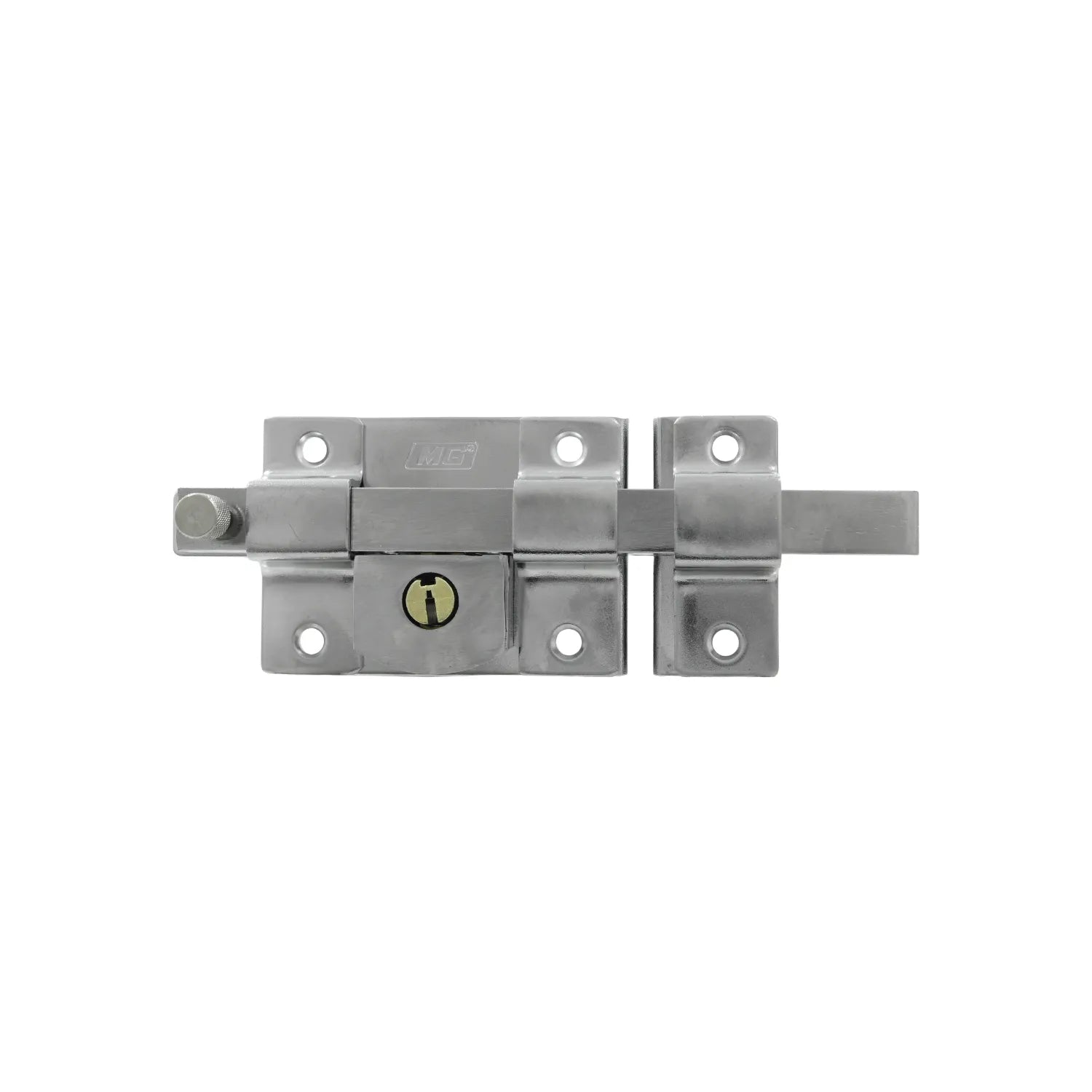 Pasador cerrojo de seguridad marca MG cromado con cilindro para llave para puertas y portones.