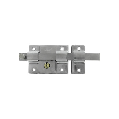 Pasador cerrojo de seguridad marca MG cromado con cilindro para llave para puertas y portones.