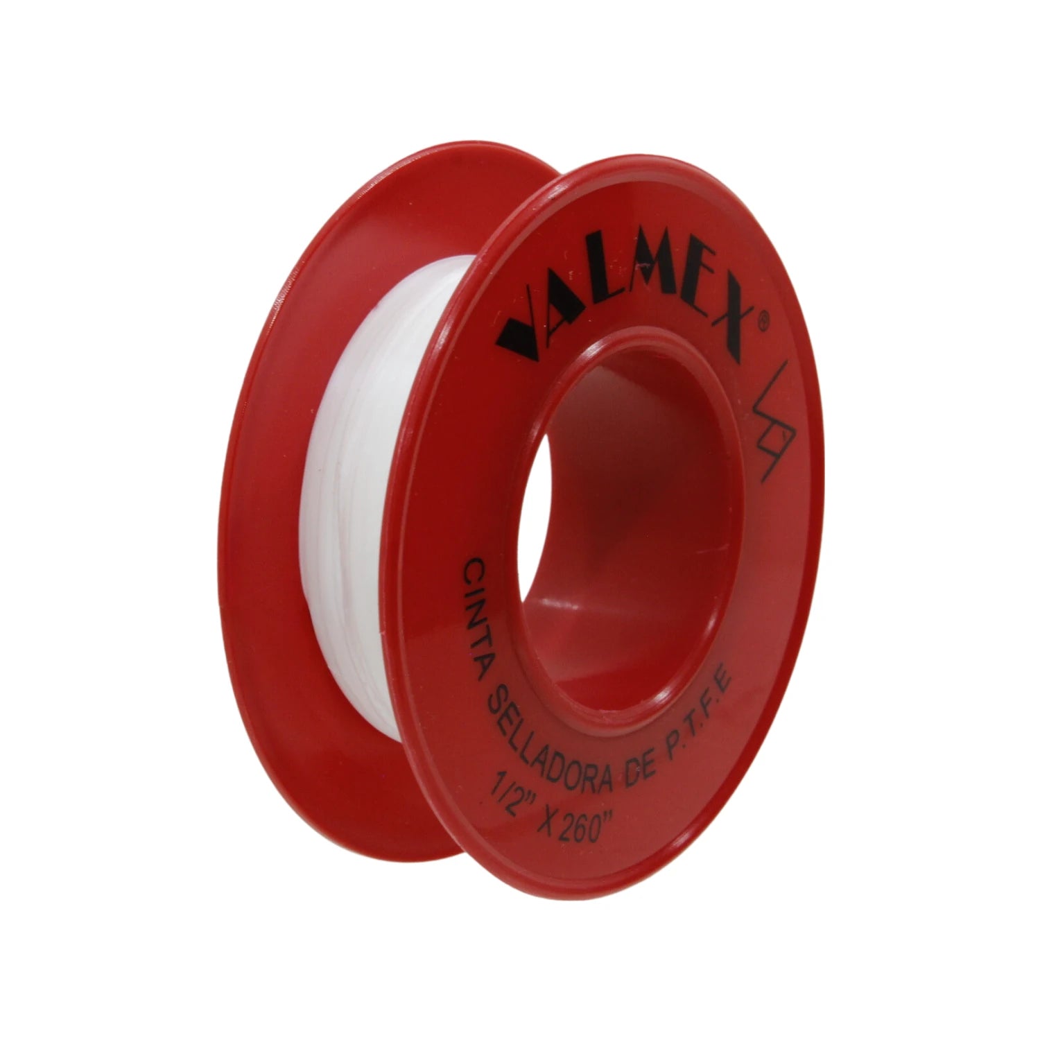 Cinta selladora de teflón Valmex PTFE blanca 1/2" x 260" en carrete rojo para fontanería.