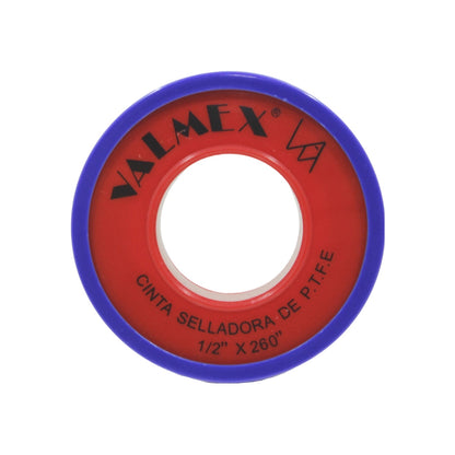 Cinta teflón selladora de rosca PTFE Valmex 1/2" x 260" roja y azul para plomería