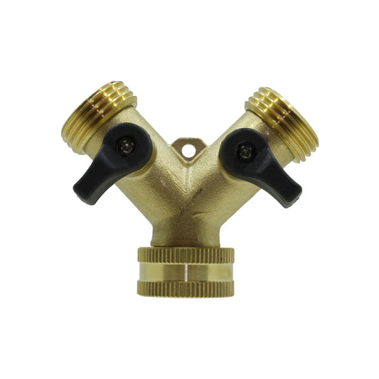 Conector divisor de manguera doble Y de latón con válvulas de paso independientes