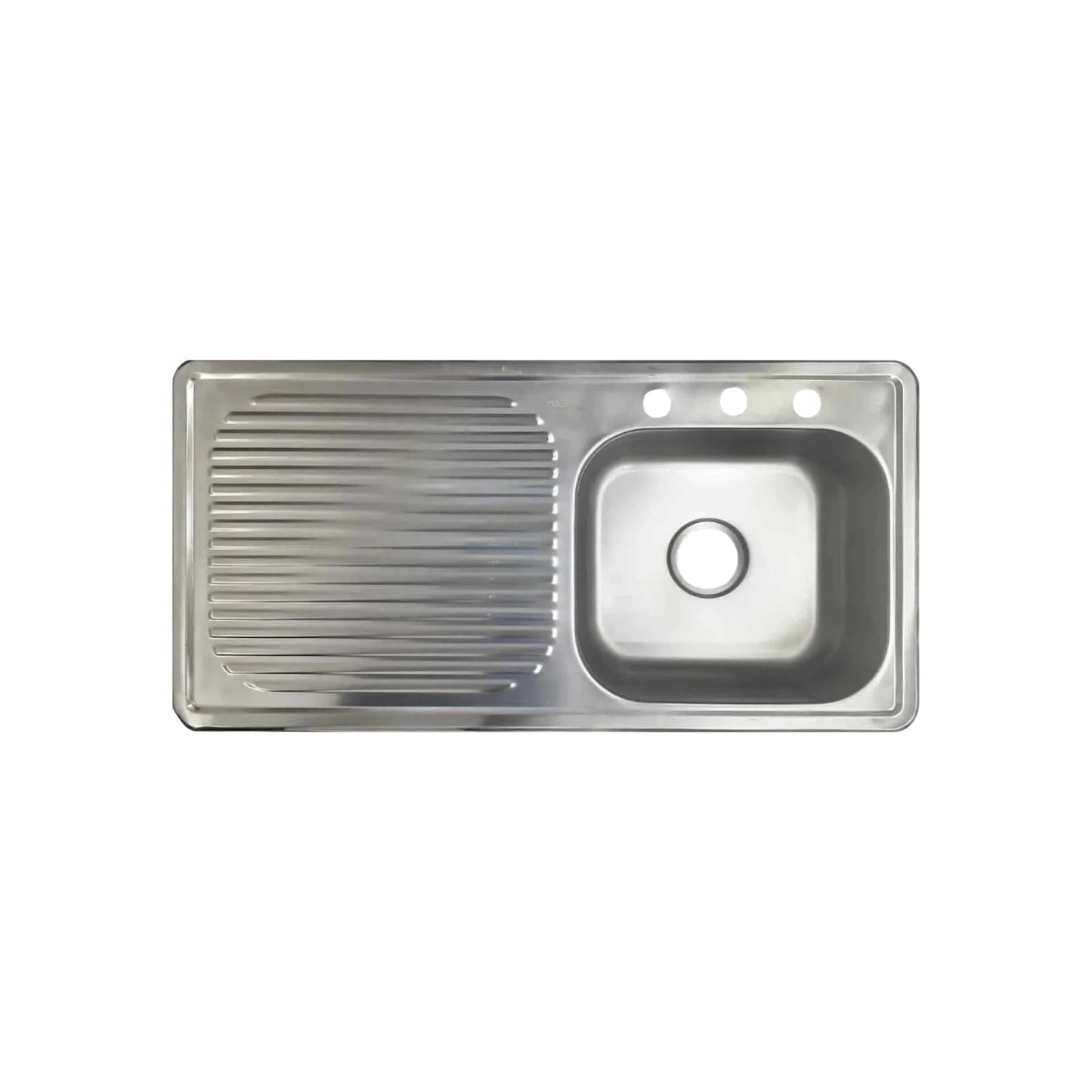 Tarja de acero inoxidable para cocina con un tazón, escurridor a la izquierda y 3 orificios para grifería.