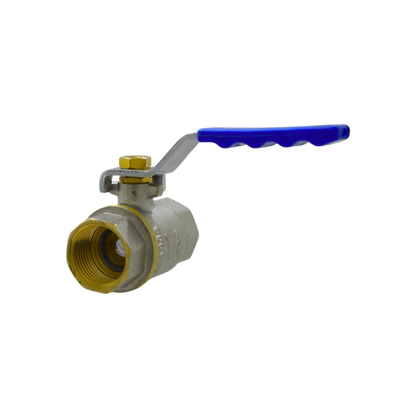 Válvula de bola de latón con maneta de palanca azul y rosca hembra para instalaciones de fontanería y agua.