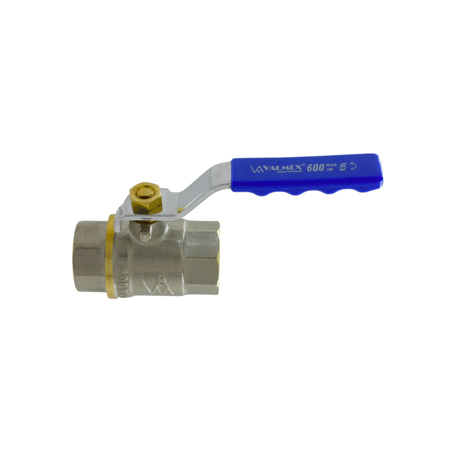 Válvula de esfera Valmex 600 WOG con palanca azul y cuerpo niquelado para instalaciones de agua y gas.