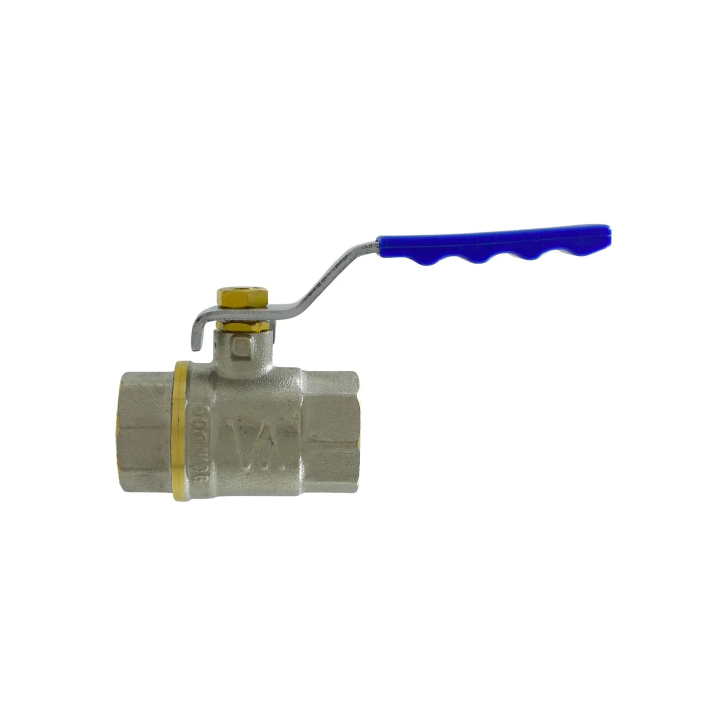 Válvula de bola con palanca azul y cuerpo de latón niquelado roscado para control de paso de agua y gas en fontanería