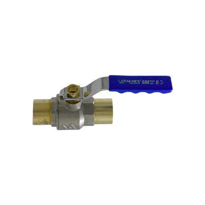 Válvula de esfera soldable Valmex de latón con manija azul 600 WOG para tubería de cobre
