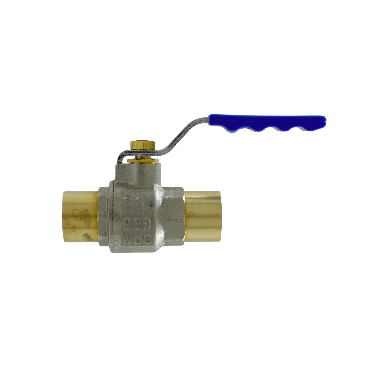 Válvula de bola de 3/4 pulgada de latón 600 WOG soldable con manija azul para instalaciones hidráulicas y de gas