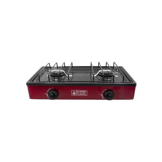 Parrilla de gas portátil de 2 quemadores roja Super Flama con rejilla superior negra y perillas de control