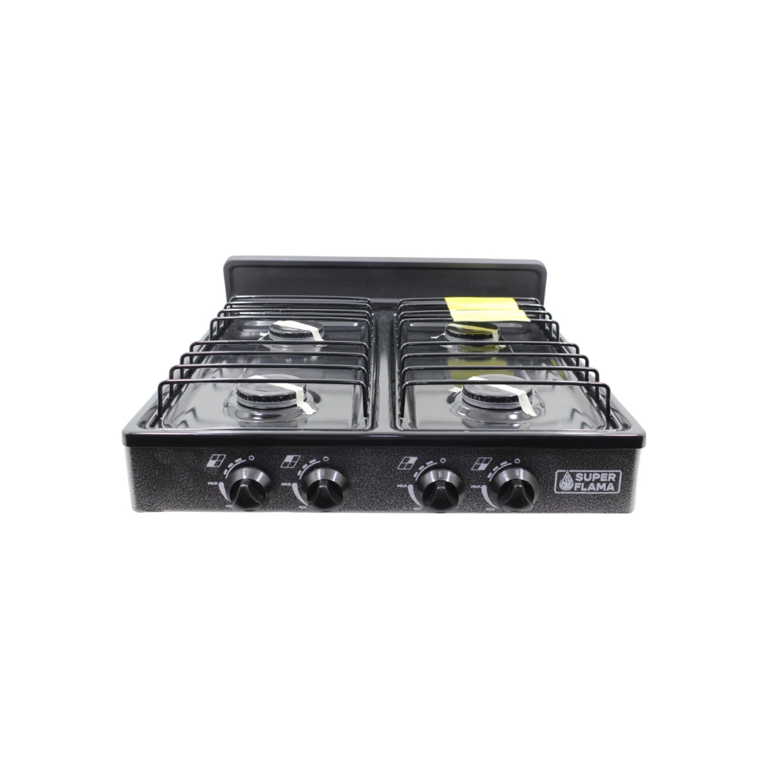 Estufa de gas Super Flama de 4 quemadores, acabado porcelanizado negro, con perillas de control y rejillas.