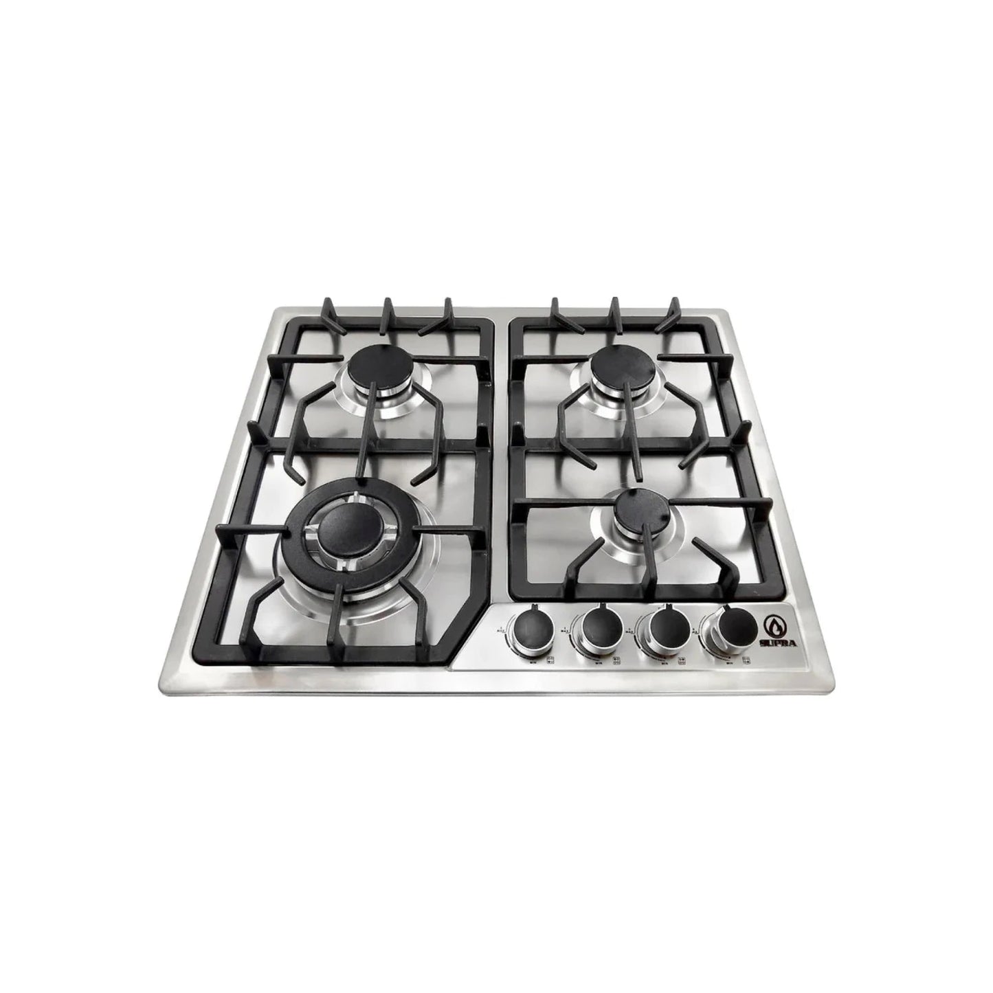 Estufa empotrable de gas Supra de 4 quemadores de acero inoxidable con parrillas de hierro fundido negras