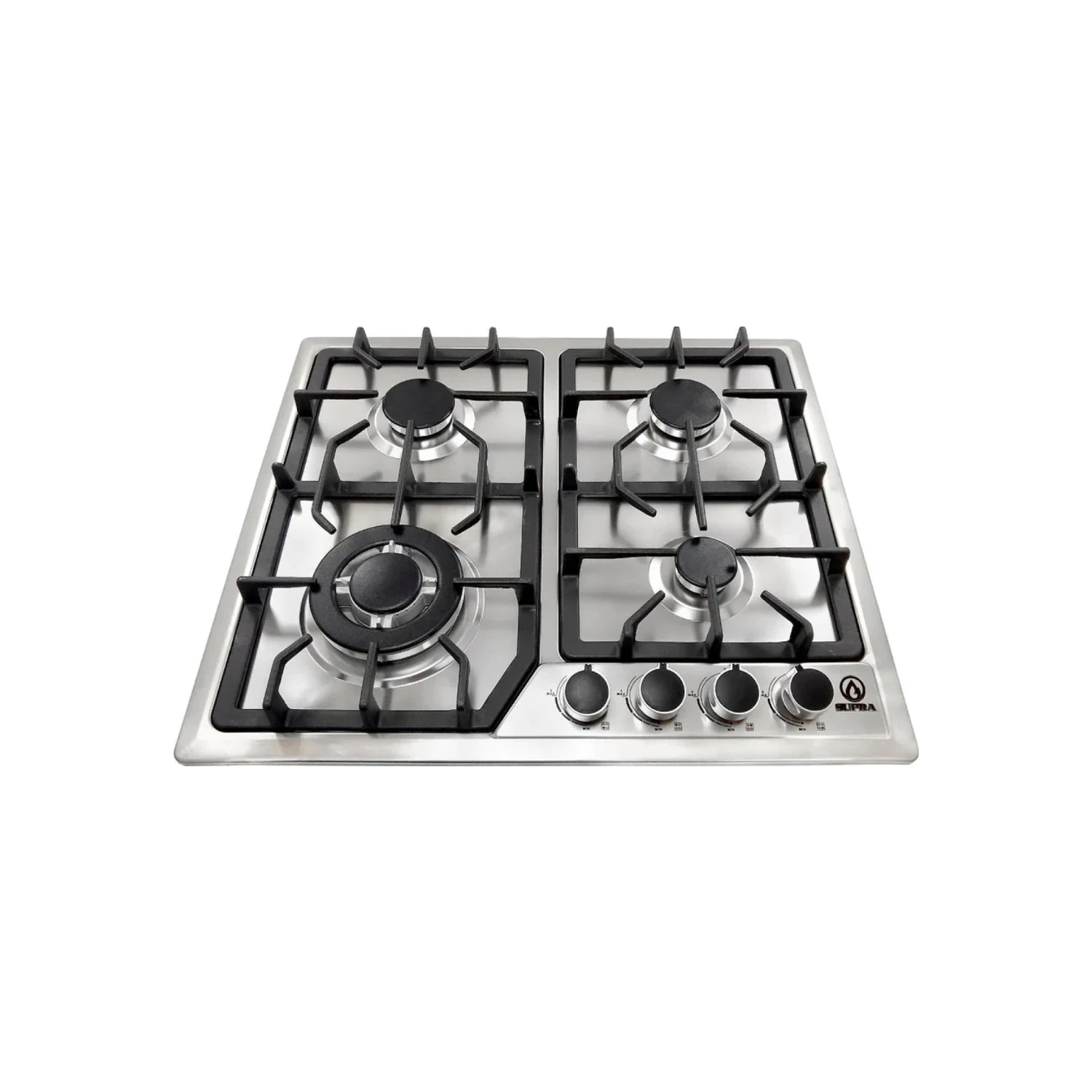 Estufa empotrable de gas Supra de 4 quemadores de acero inoxidable con parrillas de hierro fundido negras