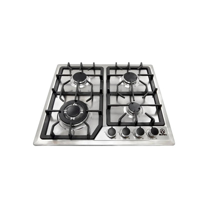 Estufa empotrable de gas Supra de 4 quemadores de acero inoxidable con parrillas de hierro fundido negras