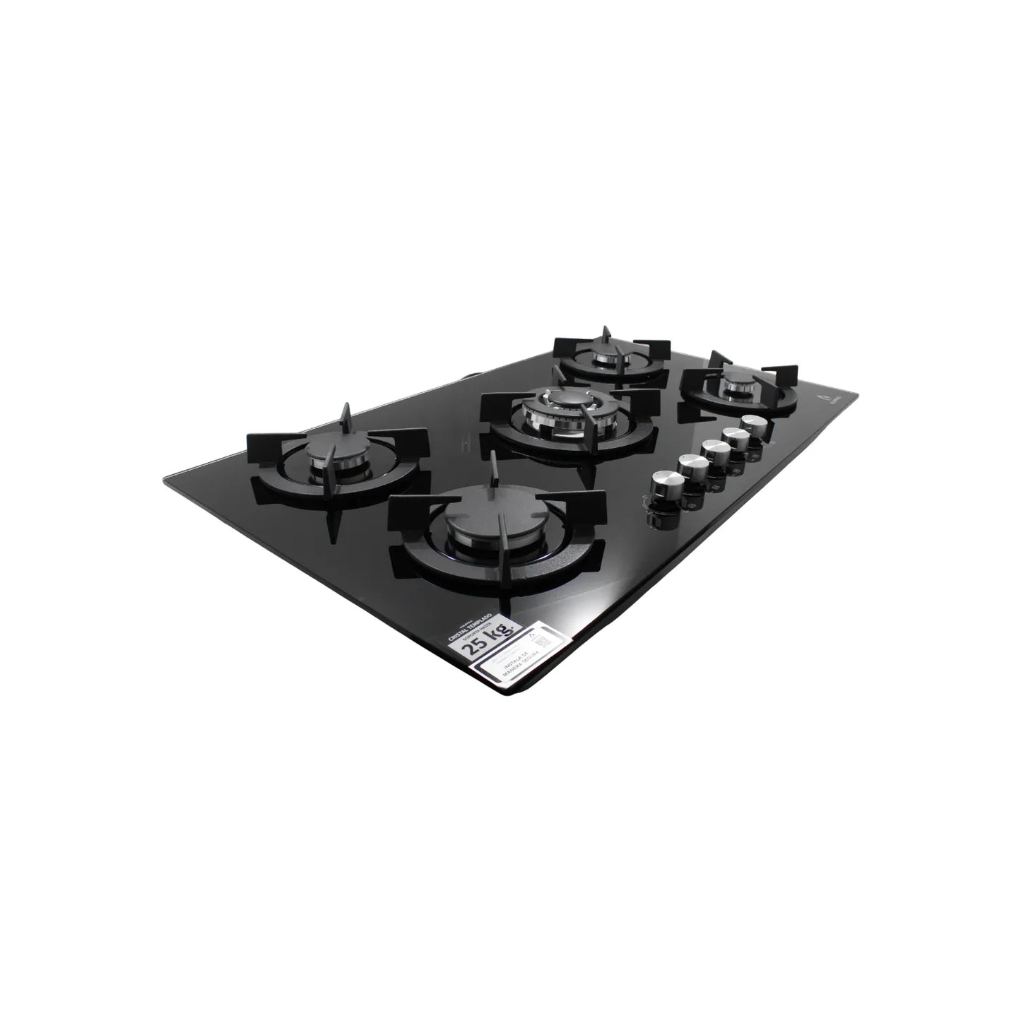 Parrilla de gas empotrable de 5 quemadores con superficie de cristal templado negro y perillas de control plateadas.