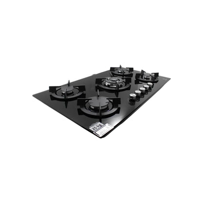 Parrilla de gas empotrable de 5 quemadores con superficie de cristal templado negro y perillas de control plateadas.