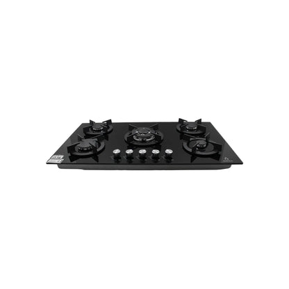 Parrilla de gas Supra 5 quemadores de cristal templado negro empotrable con perillas frontales.