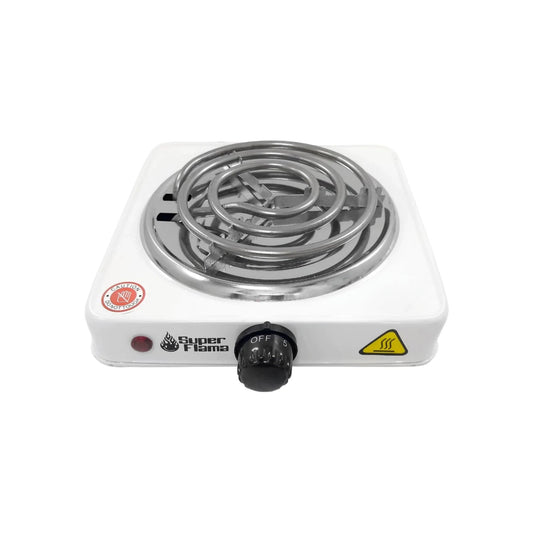 Parrilla eléctrica Super Flama blanca de 1 quemador con resistencia, control de temperatura y luz indicadora