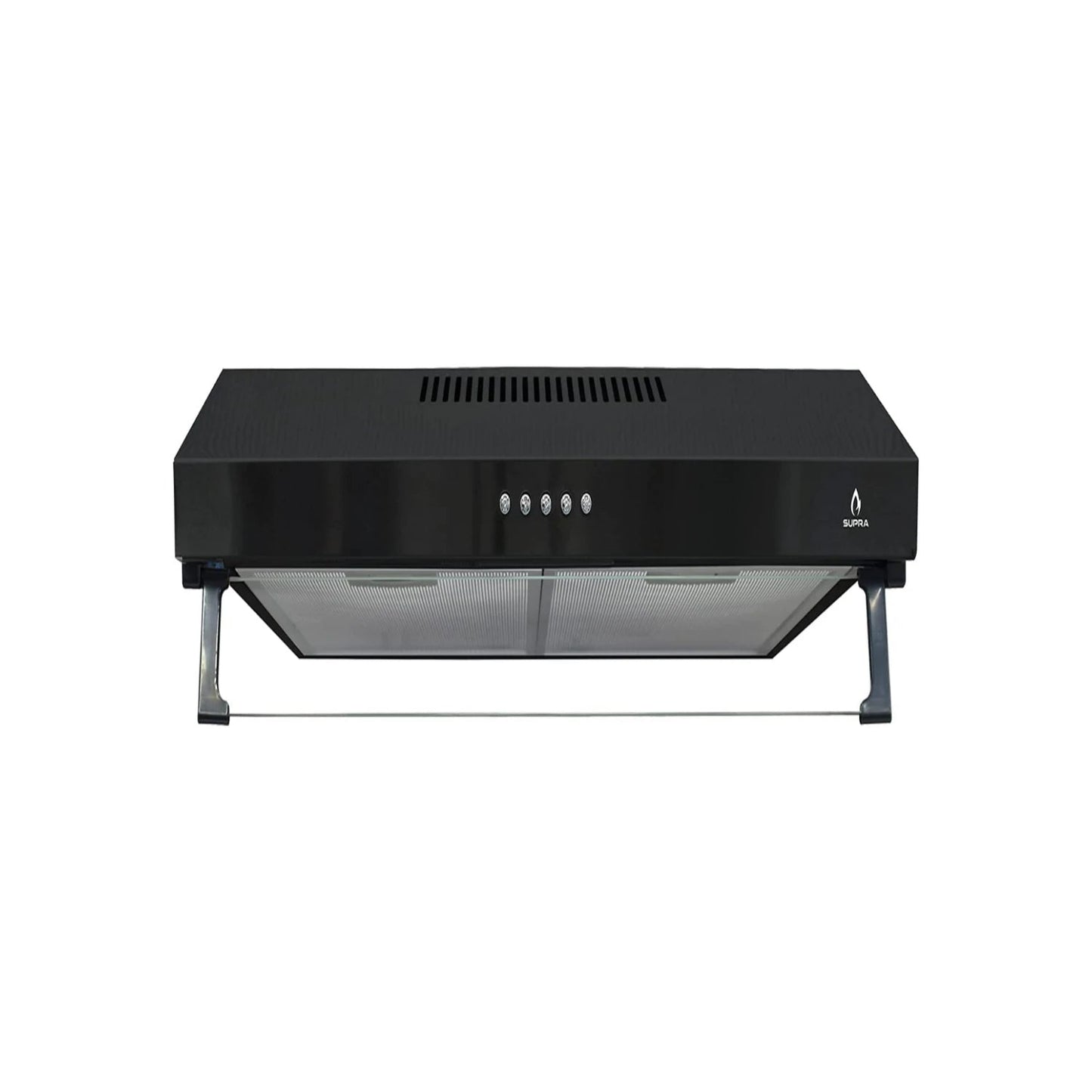 Campana extractora de cocina Supra negra con panel de 4 botones, doble filtro metálico y rejillas superiores.