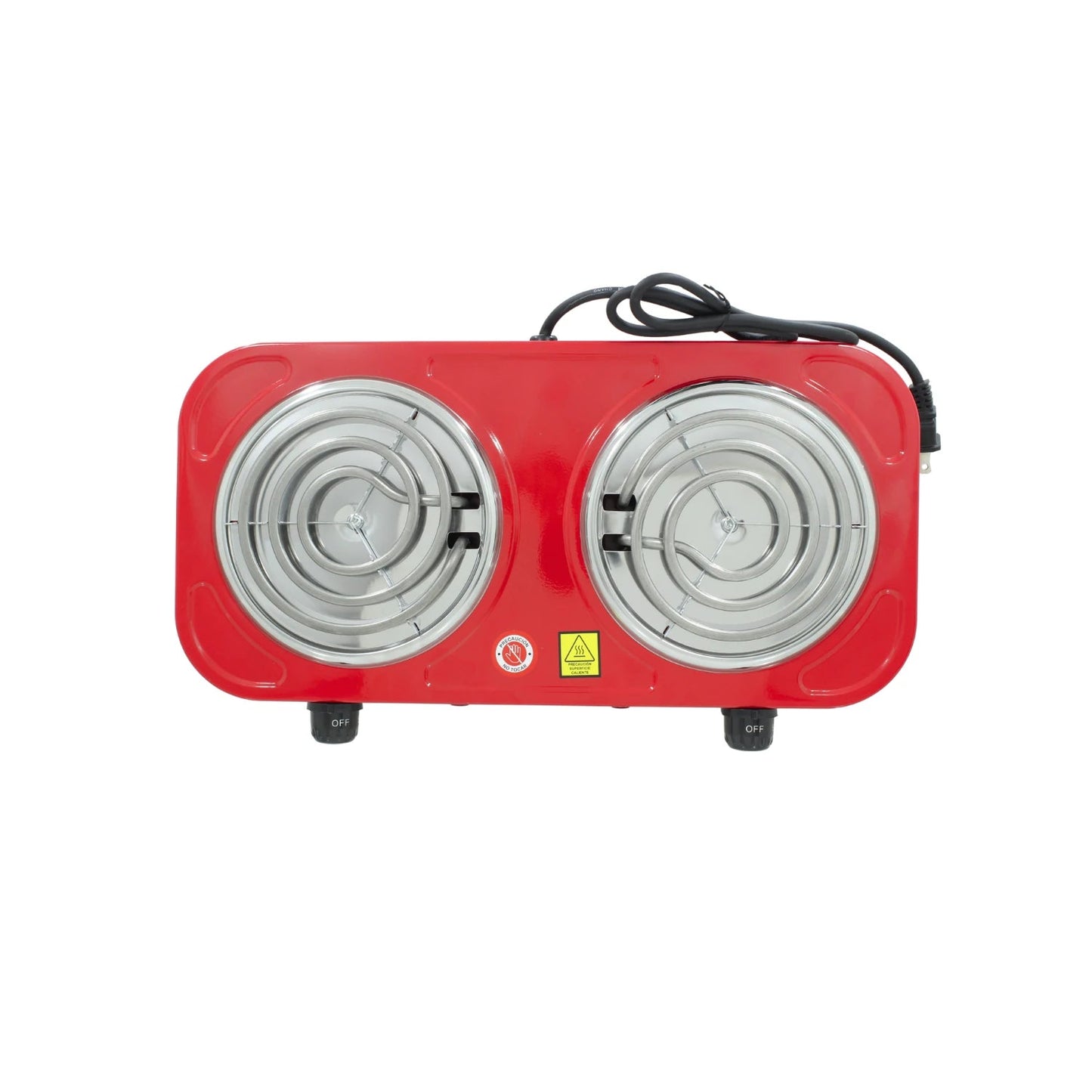 Parrilla eléctrica roja de 2 quemadores en espiral, con controles individuales, para uso portátil.