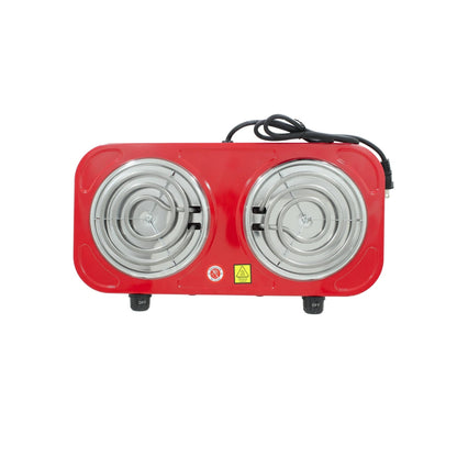 Parrilla eléctrica roja de 2 quemadores en espiral, con controles individuales, para uso portátil.