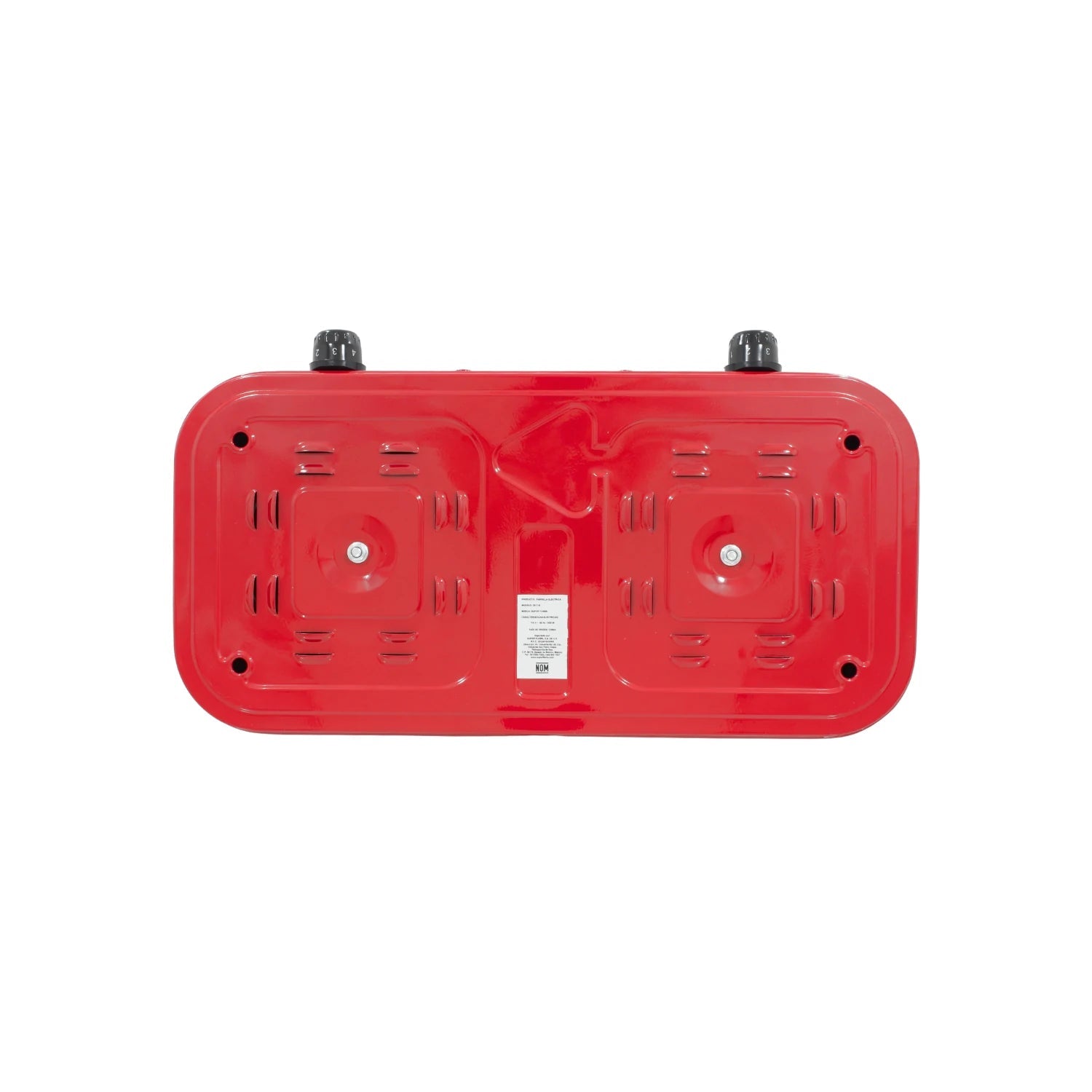 Parte inferior de parrilla eléctrica roja de 2 quemadores, con perillas de control negras.