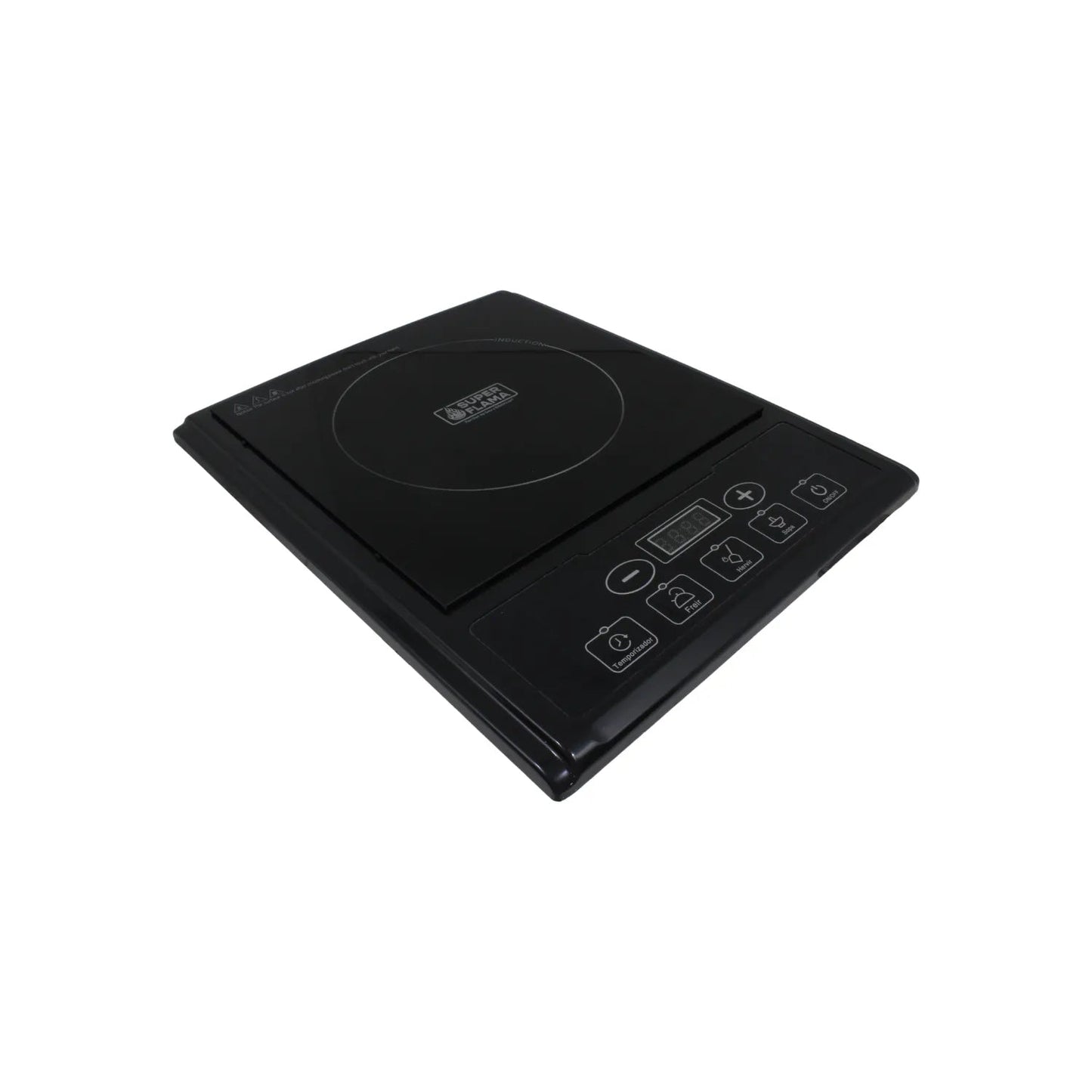 Parrilla de inducción negra SUPER FLAMA de 1 quemador con controles táctiles y temporizador para cocina portátil.