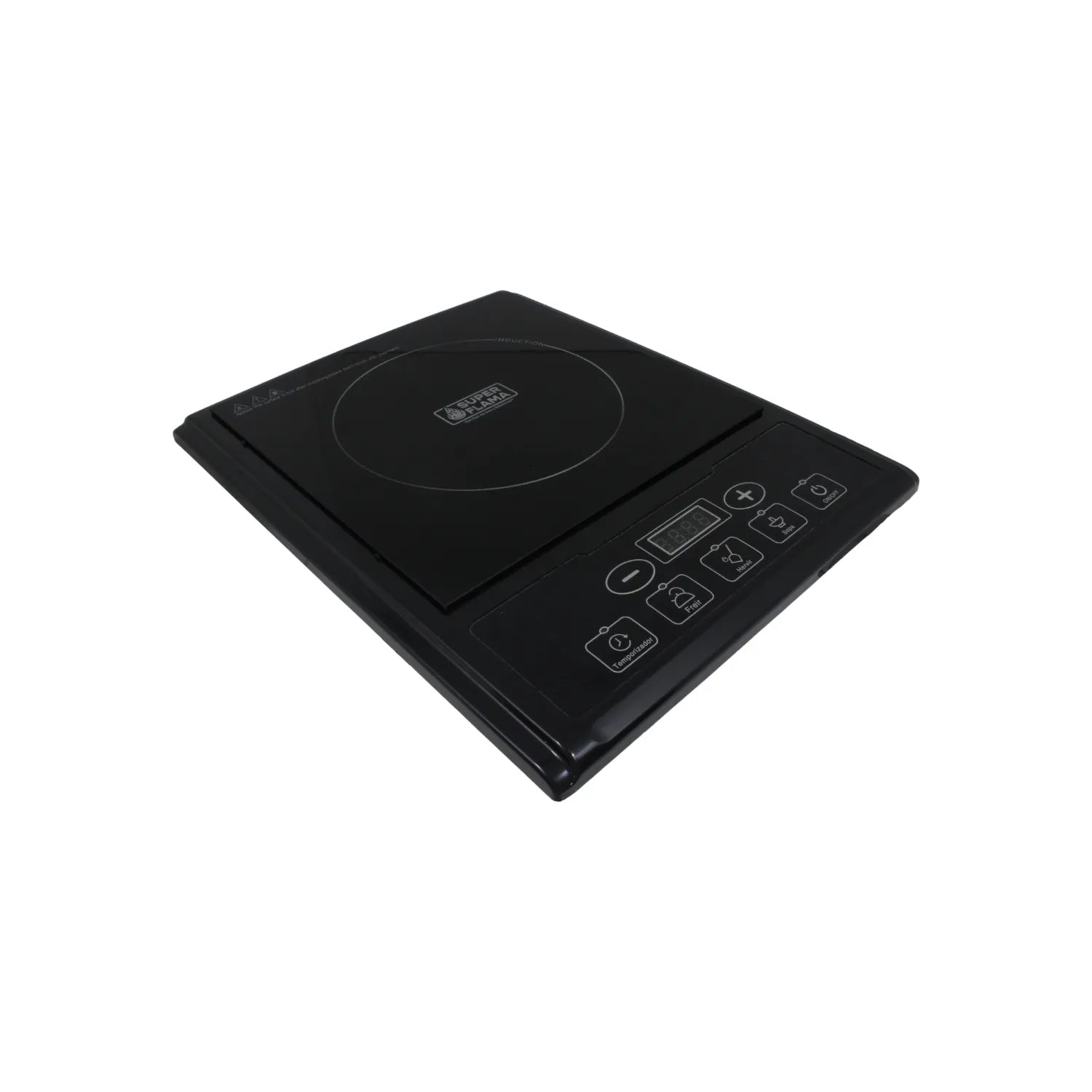 Parrilla de inducción negra SUPER FLAMA de 1 quemador con controles táctiles y temporizador para cocina portátil.
