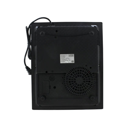 Parrilla de inducción eléctrica portátil Super Flama de 1 quemador, vista trasera negra con ventilador.