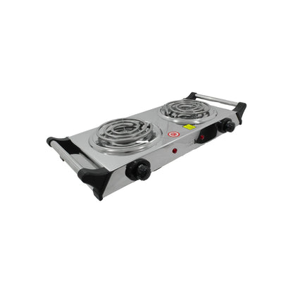 Parrilla eléctrica doble Supra plateada con 2 quemadores, portátil y controles de temperatura individuales.