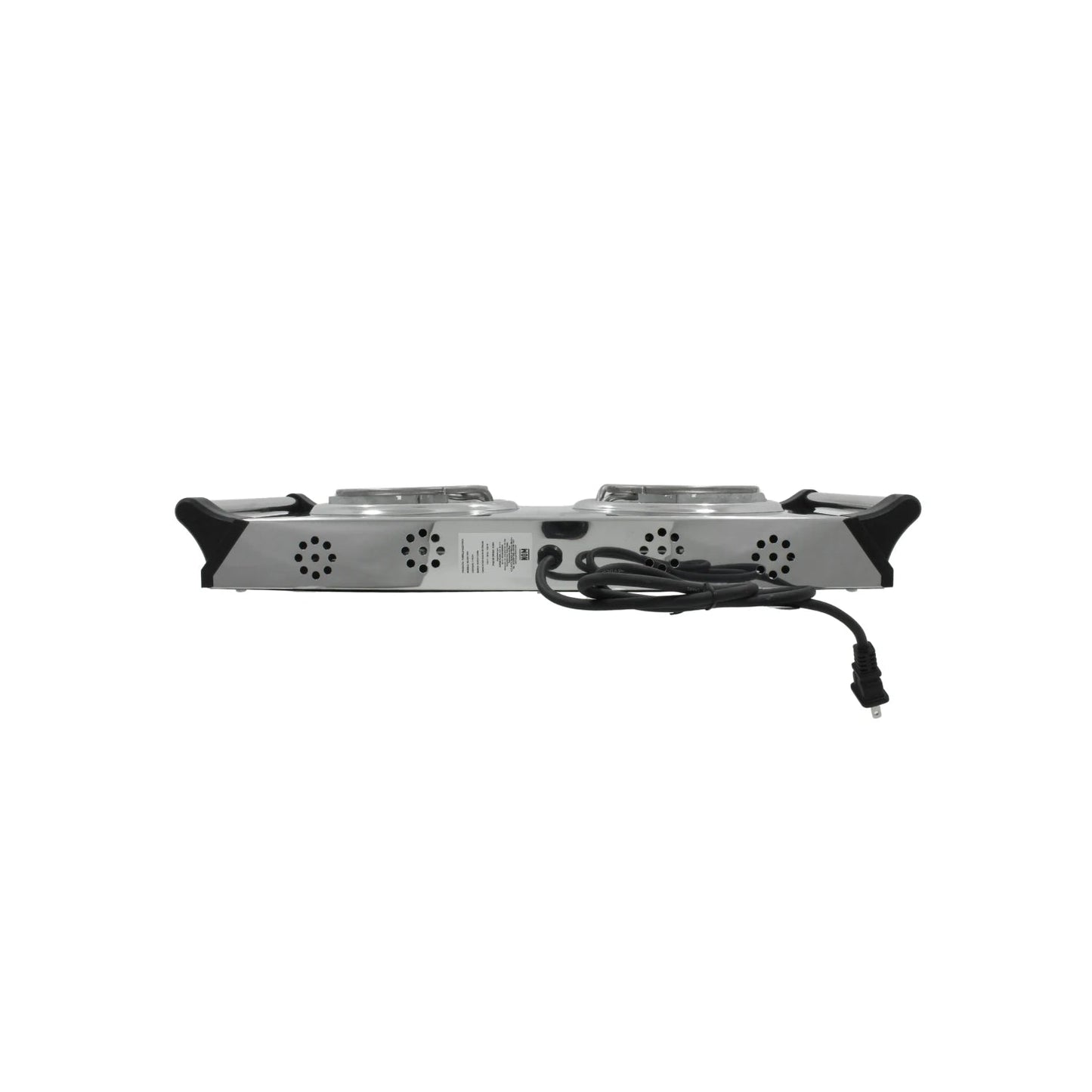 Parrilla eléctrica doble con 2 quemadores compactos plateados, ideal para cocina portátil o sobremesa