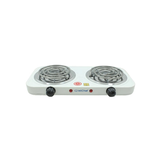 Parrilla eléctrica doble MiChef blanca con quemadores de espiral y perillas ajustables para cocina.