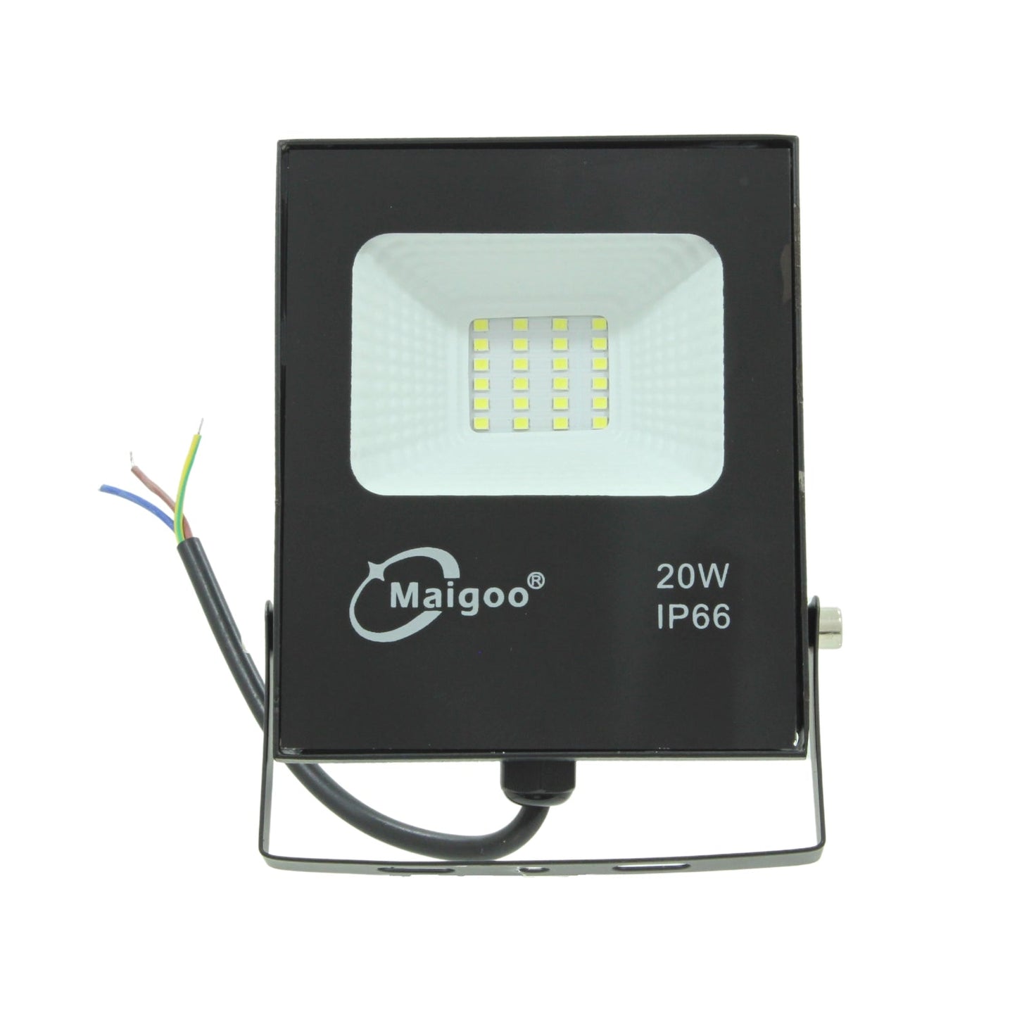 Reflector LED Maigoo negro 20W IP66 para exterior, con cableado expuesto listo para instalación.