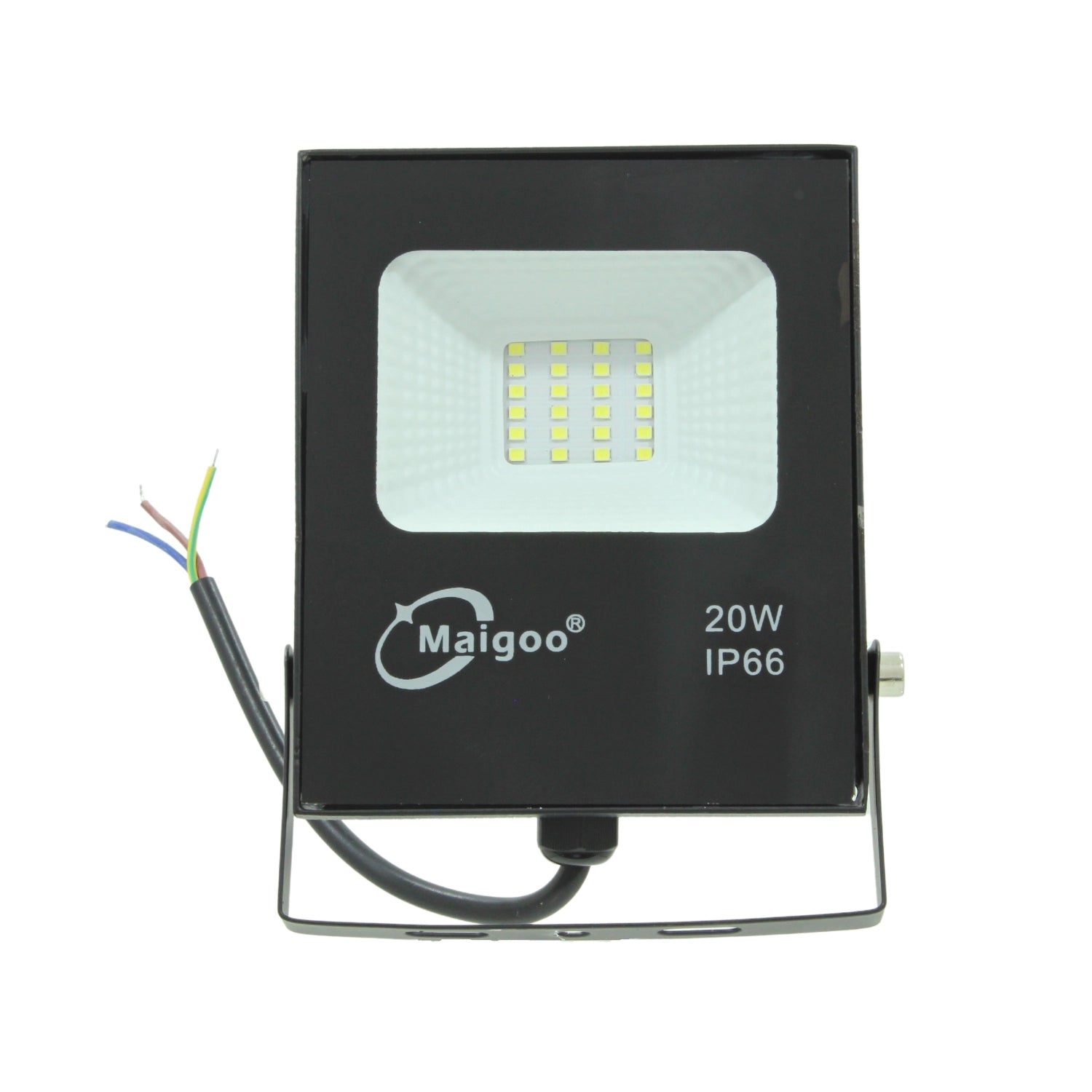 Reflector LED Maigoo negro 20W IP66 para exterior, con cableado expuesto listo para instalación.