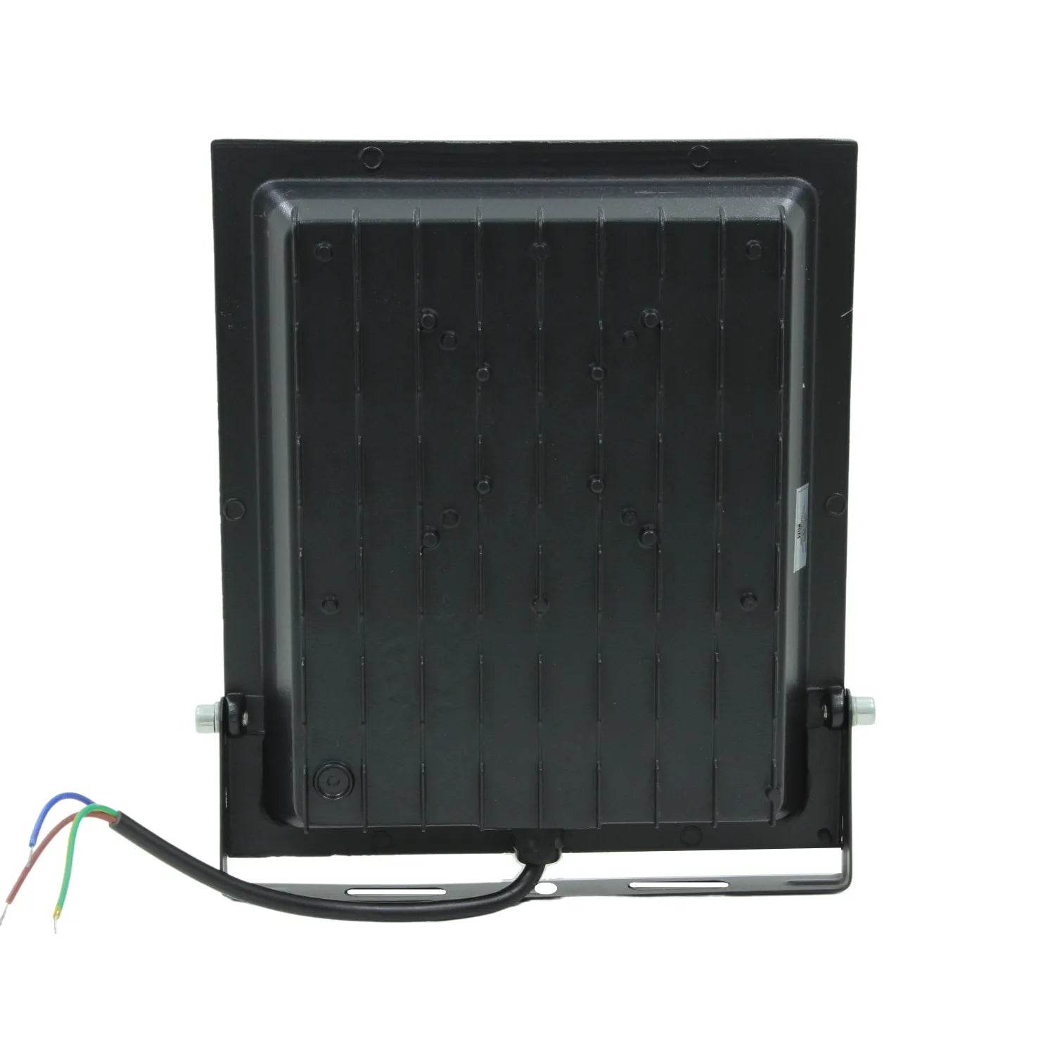 Foco proyector LED negro vista trasera, con aletas disipadoras, soporte de montaje y cableado eléctrico para exterior.