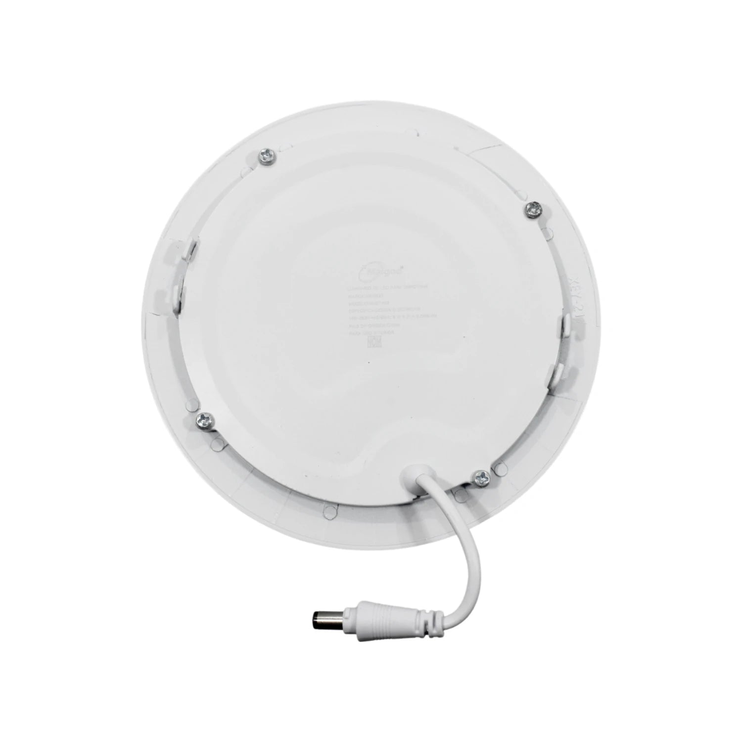 Panel LED empotrable redondo blanco, vista trasera con conector DC.